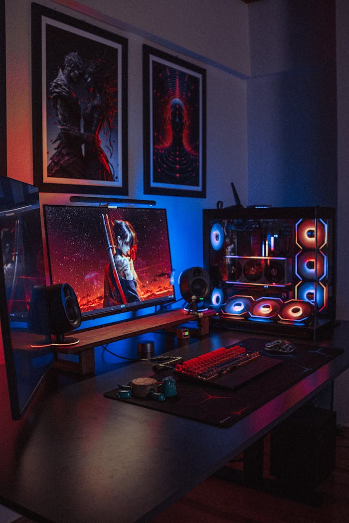 Services A vibrant RGB gaming setup featuring dual monitors, a custom PC, and backlit keyboard in a dimly lit room.