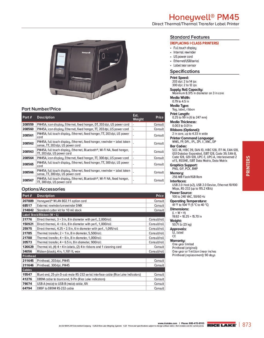 impresora term. honeywell pm45 usb ethernet